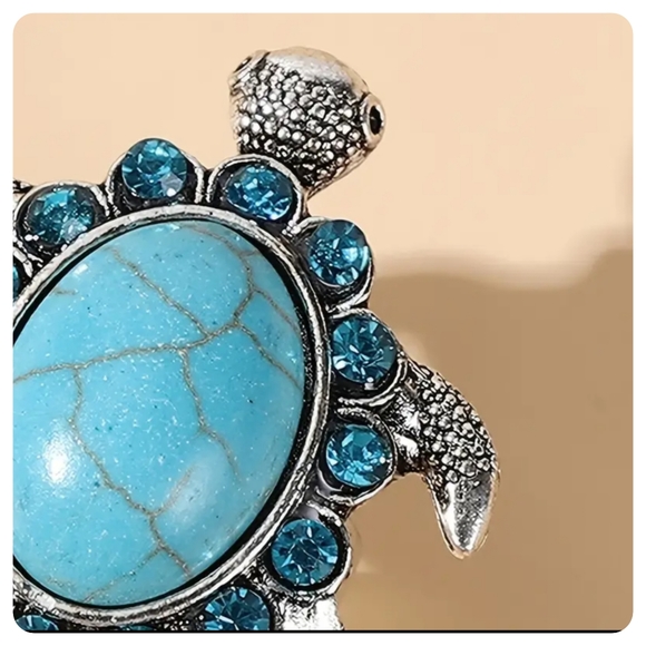 Stunning Turquoise Turtle Ring Handcrafted Silver Plated w rhinestones - Picture 3 of 6